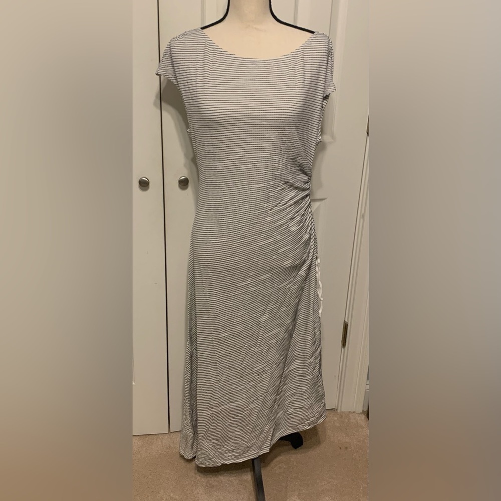 Striped Gray & White Side-Ruched Maxi Dress